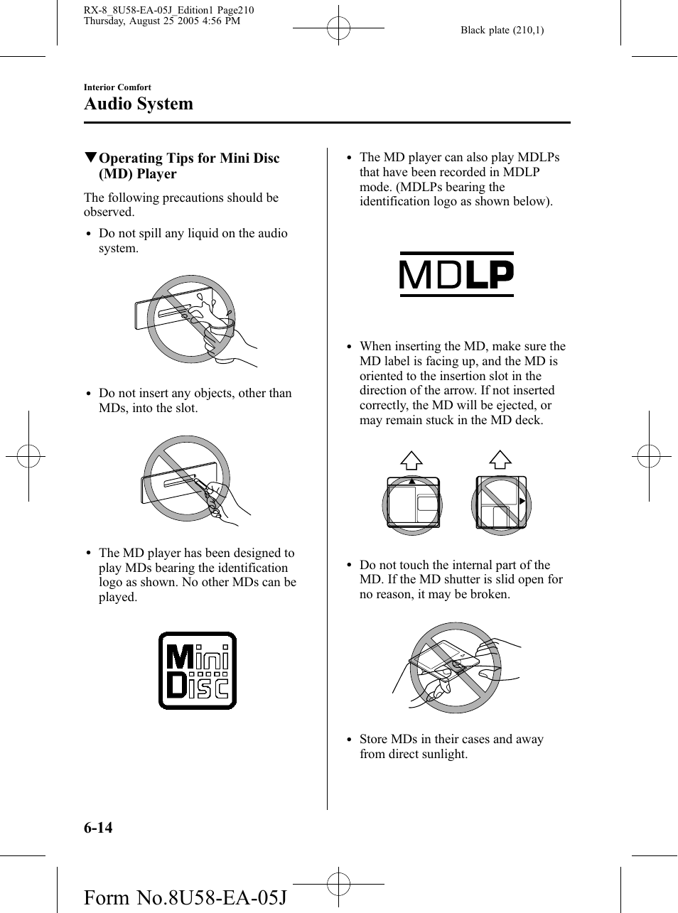 Audio system, Qoperating tips for mini disc (md) player | Mazda 2006 RX-8 User Manual | Page 210 / 434