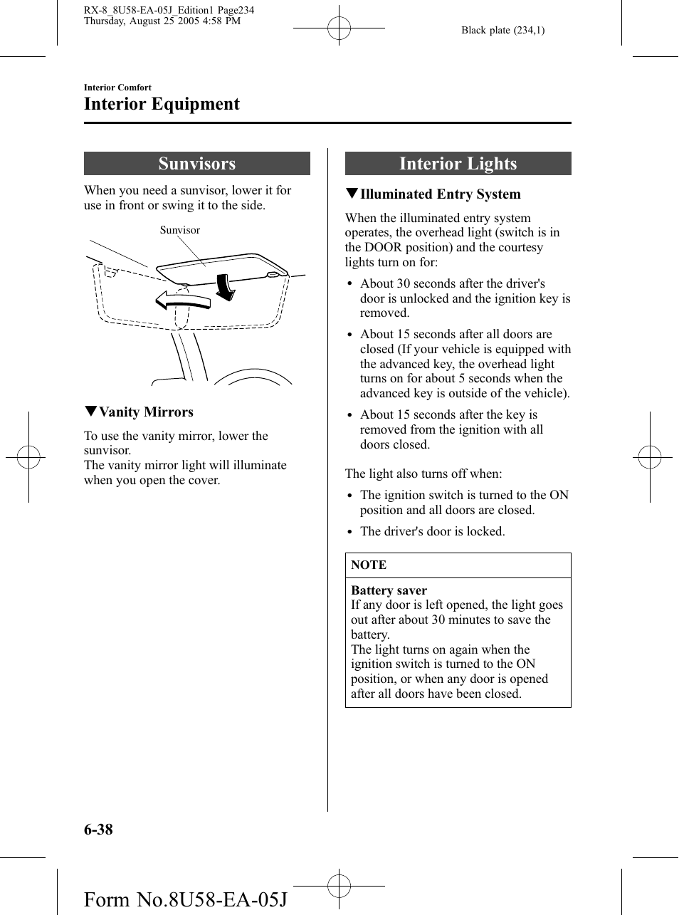 Interior equipment, Sunvisors, Interior lights | Interior equipment -38, Sunvisors -38 interior lights -38 | Mazda 2006 RX-8 User Manual | Page 234 / 434