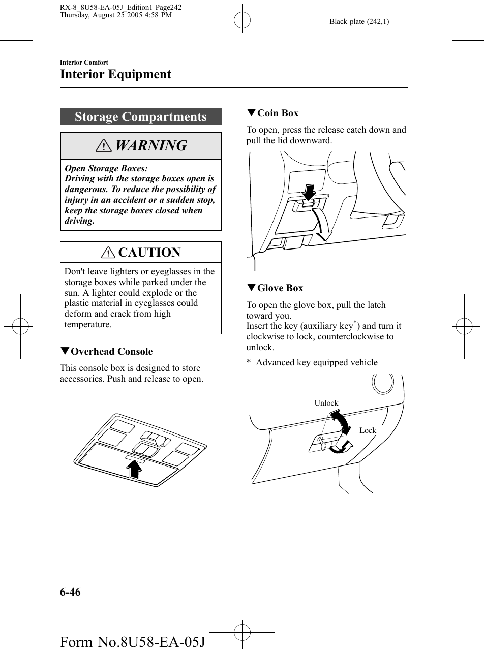 Storage compartments, Storage compartments -46, Warning | Caution, Interior equipment | Mazda 2006 RX-8 User Manual | Page 242 / 434