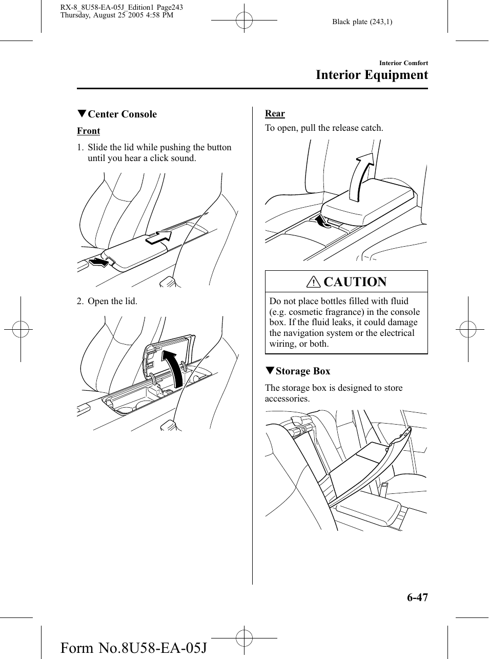 Caution, Interior equipment | Mazda 2006 RX-8 User Manual | Page 243 / 434