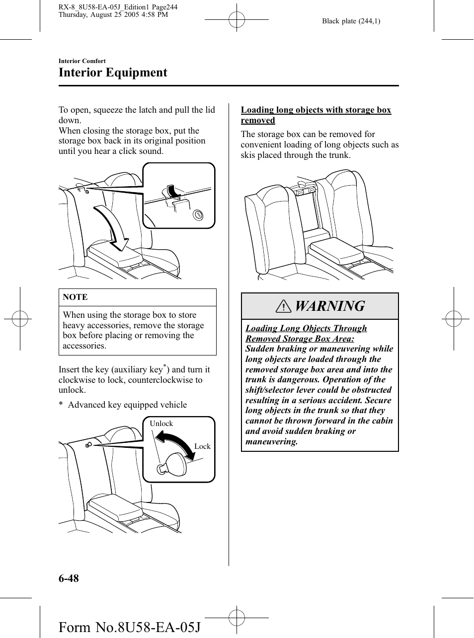 Warning, Interior equipment | Mazda 2006 RX-8 User Manual | Page 244 / 434