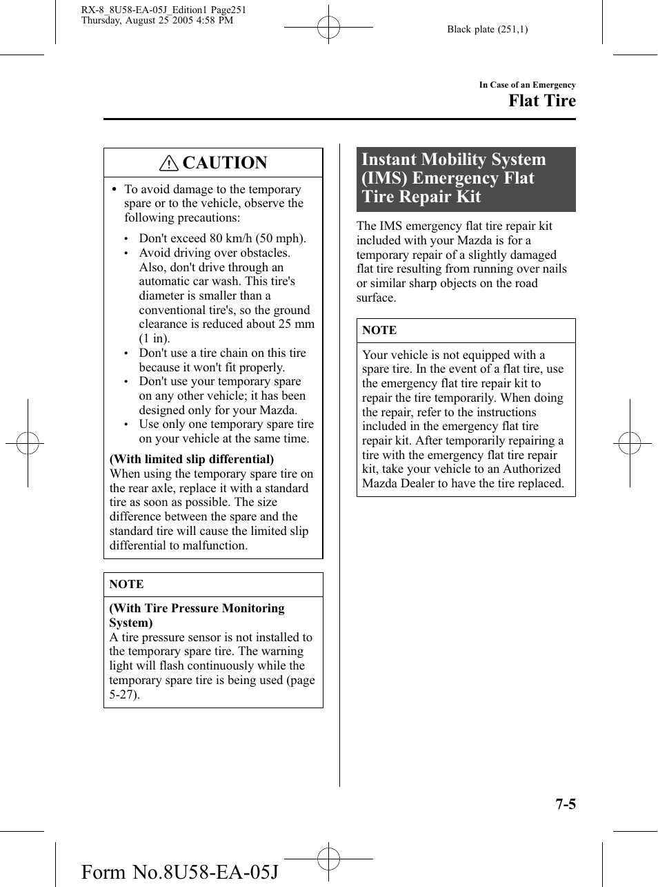 Caution, Flat tire | Mazda 2006 RX-8 User Manual | Page 251 / 434