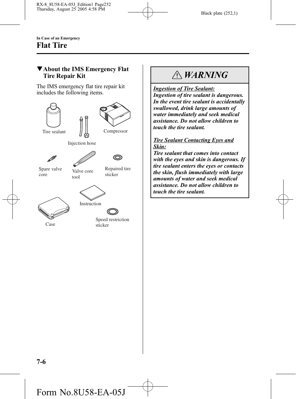 Warning, Flat tire | Mazda 2006 RX-8 User Manual | Page 252 / 434