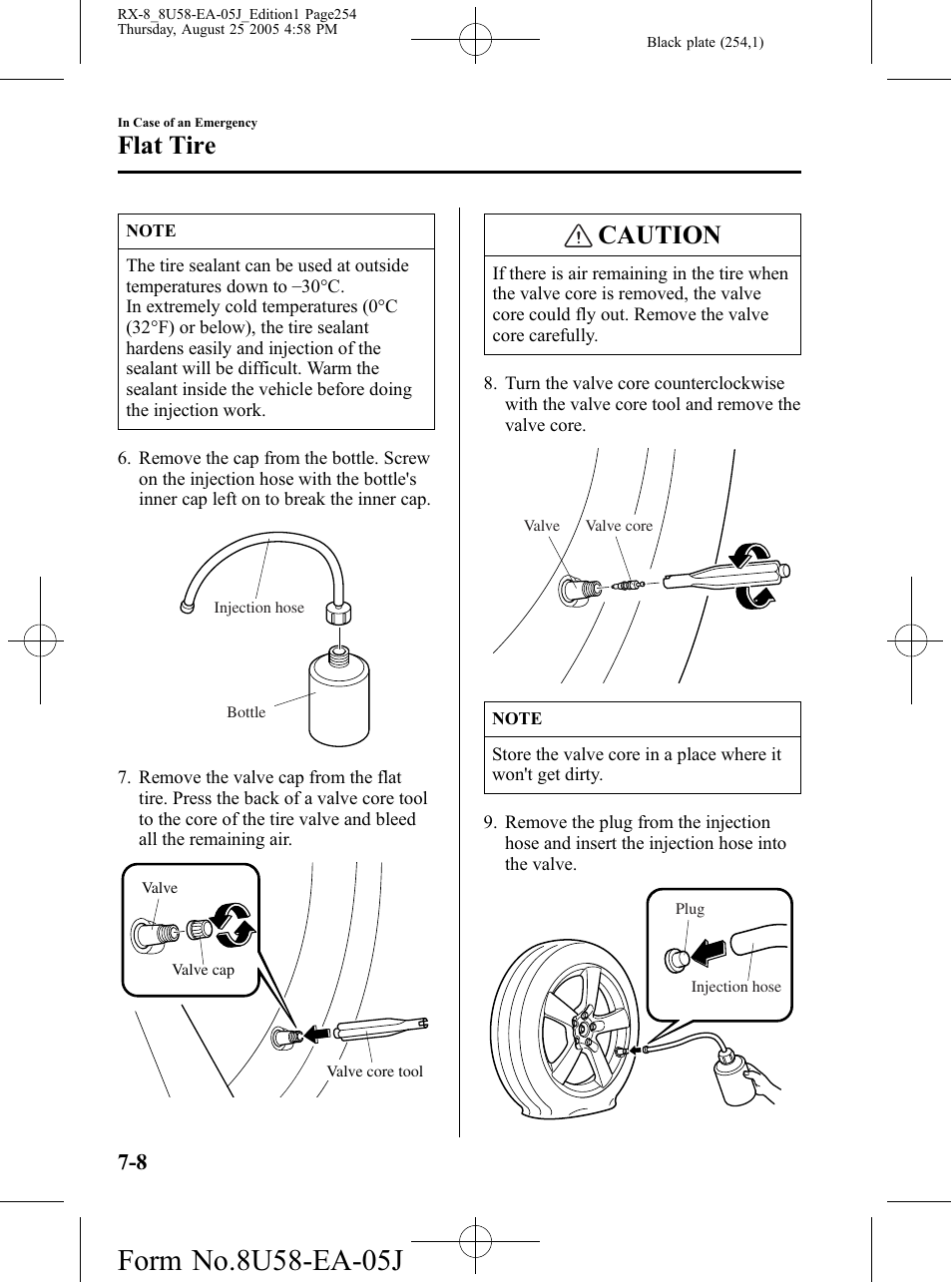 Caution, Flat tire | Mazda 2006 RX-8 User Manual | Page 254 / 434