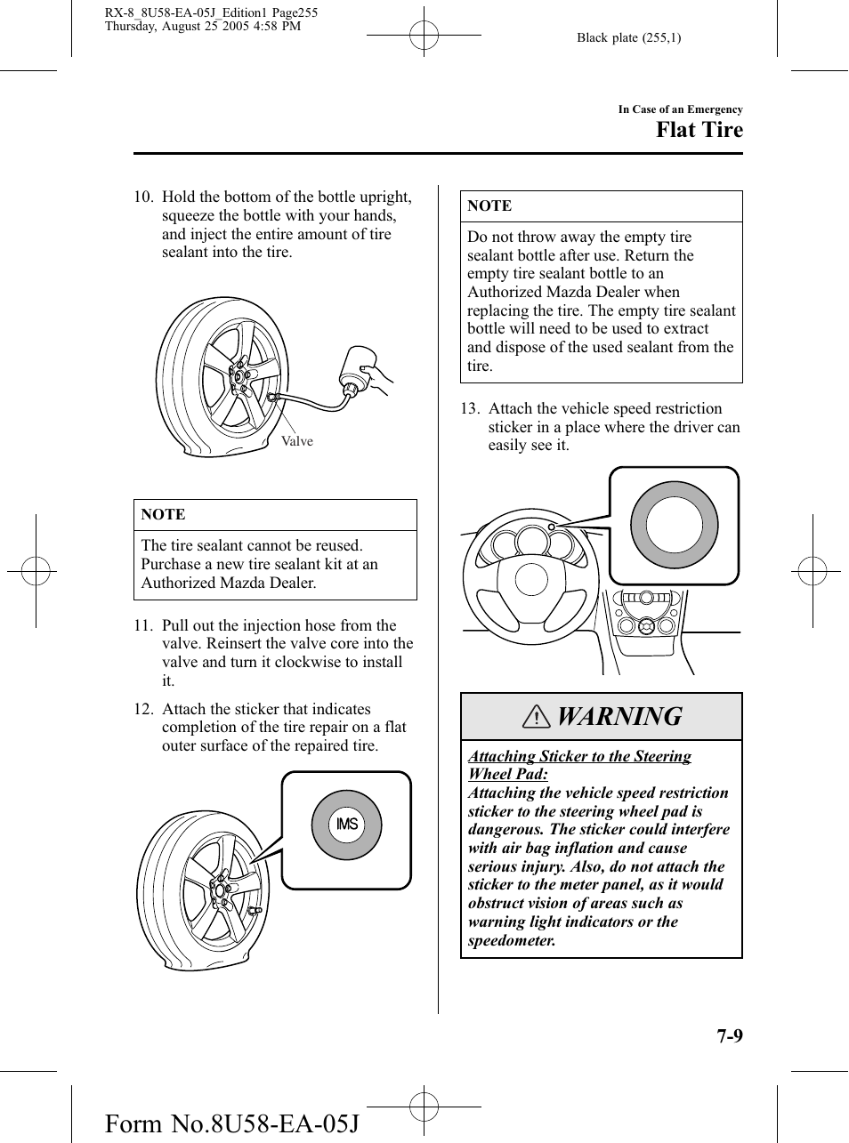 Warning, Flat tire | Mazda 2006 RX-8 User Manual | Page 255 / 434
