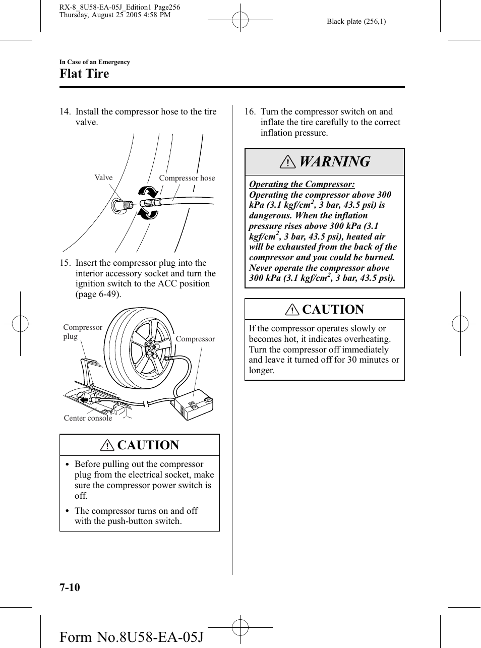 Warning, Caution, Flat tire | Mazda 2006 RX-8 User Manual | Page 256 / 434