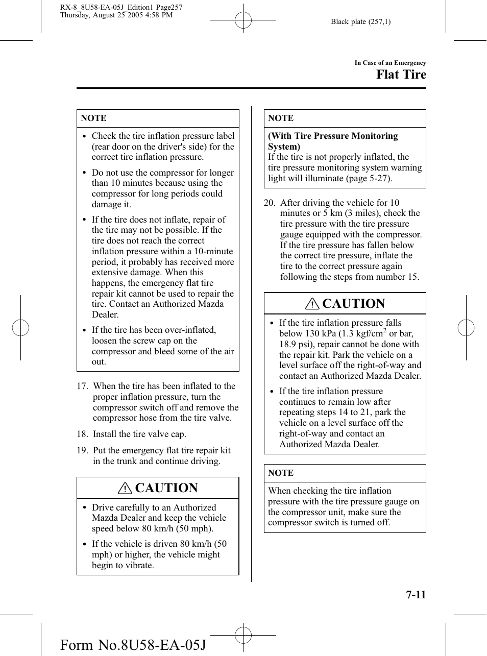 Caution, Flat tire | Mazda 2006 RX-8 User Manual | Page 257 / 434