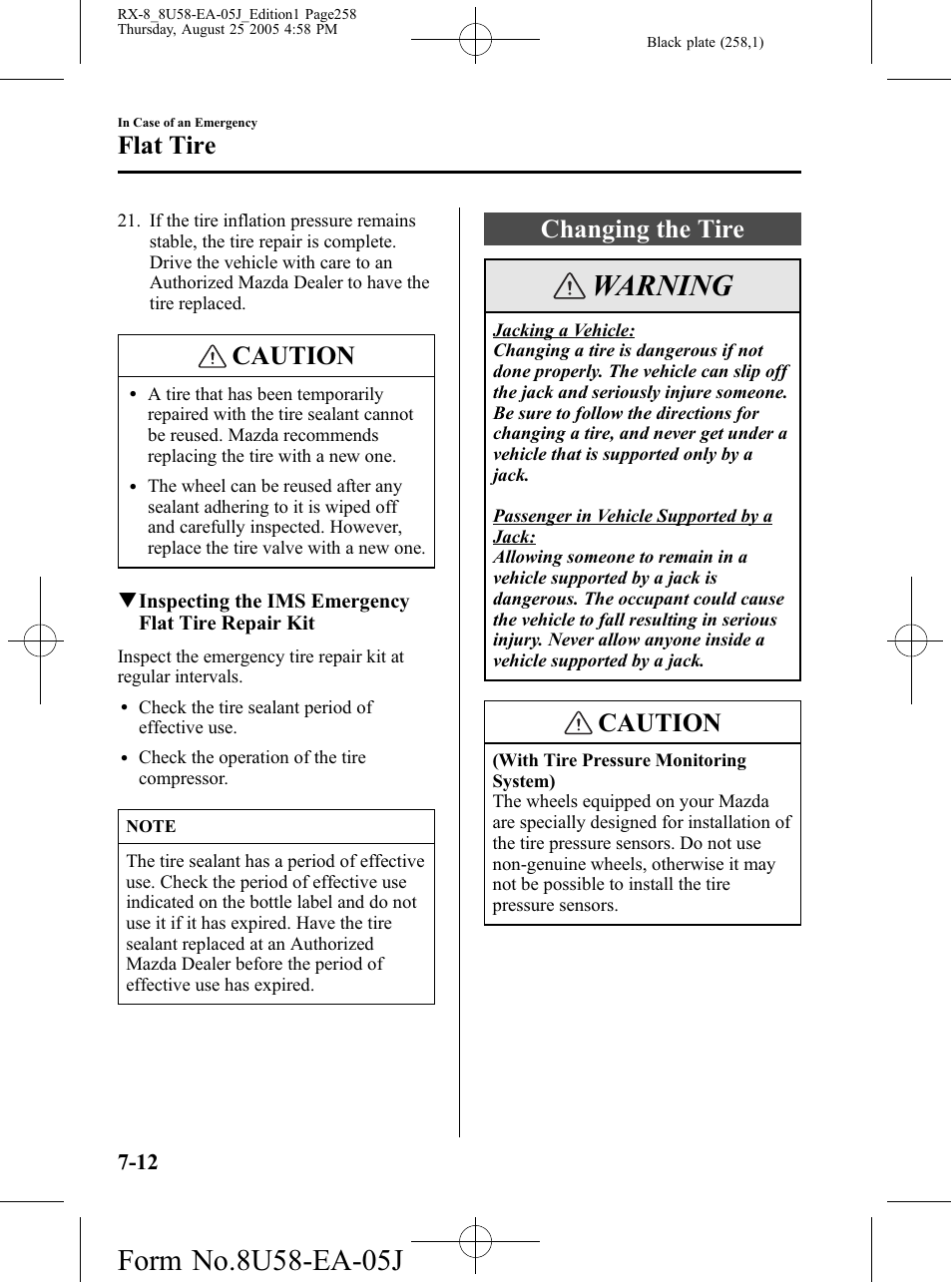 Changing the tire, Changing the tire -12, Warning | Caution, Flat tire | Mazda 2006 RX-8 User Manual | Page 258 / 434