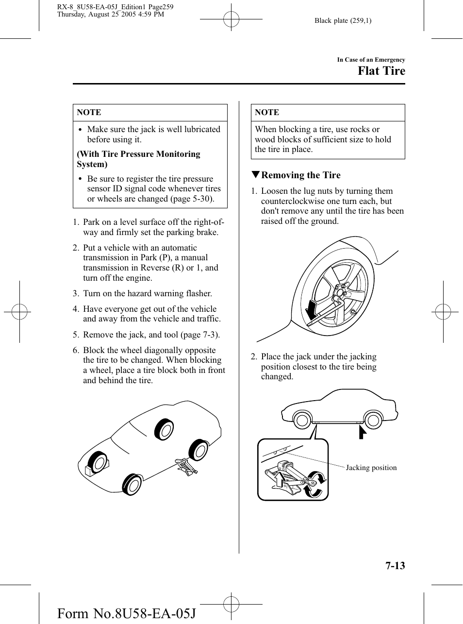 Flat tire | Mazda 2006 RX-8 User Manual | Page 259 / 434