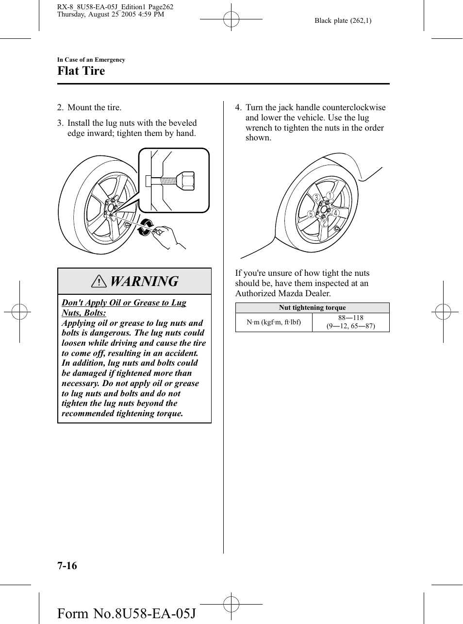 Warning, Flat tire | Mazda 2006 RX-8 User Manual | Page 262 / 434