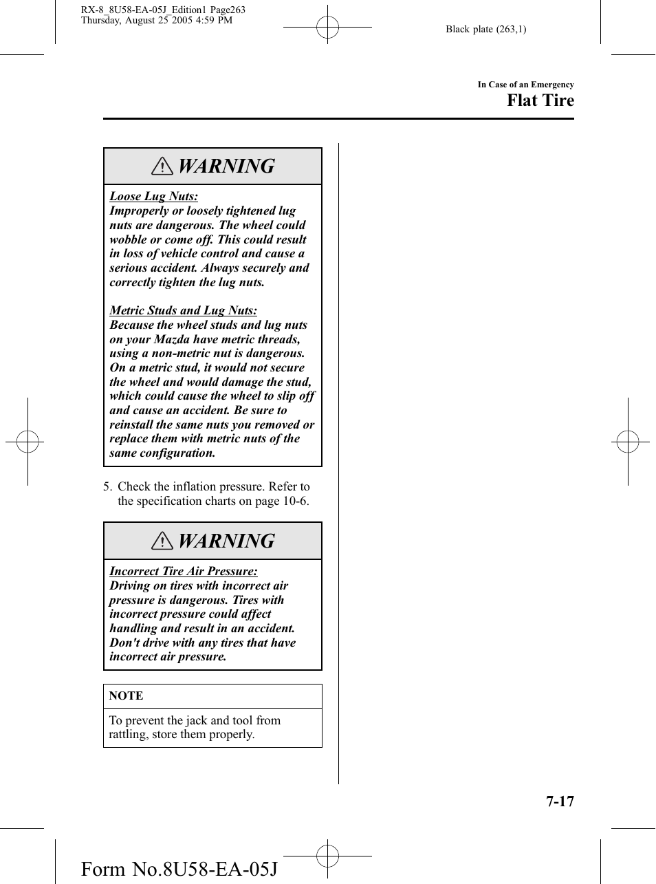 Warning, Flat tire | Mazda 2006 RX-8 User Manual | Page 263 / 434