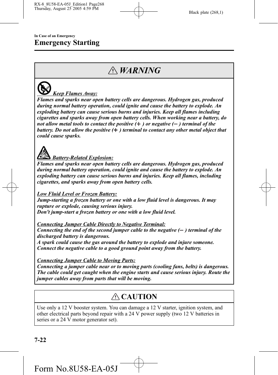 Warning, Caution, Emergency starting | Mazda 2006 RX-8 User Manual | Page 268 / 434