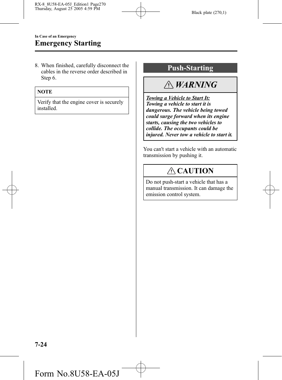 Push-starting, Push-starting -24, Warning | Caution, Emergency starting | Mazda 2006 RX-8 User Manual | Page 270 / 434