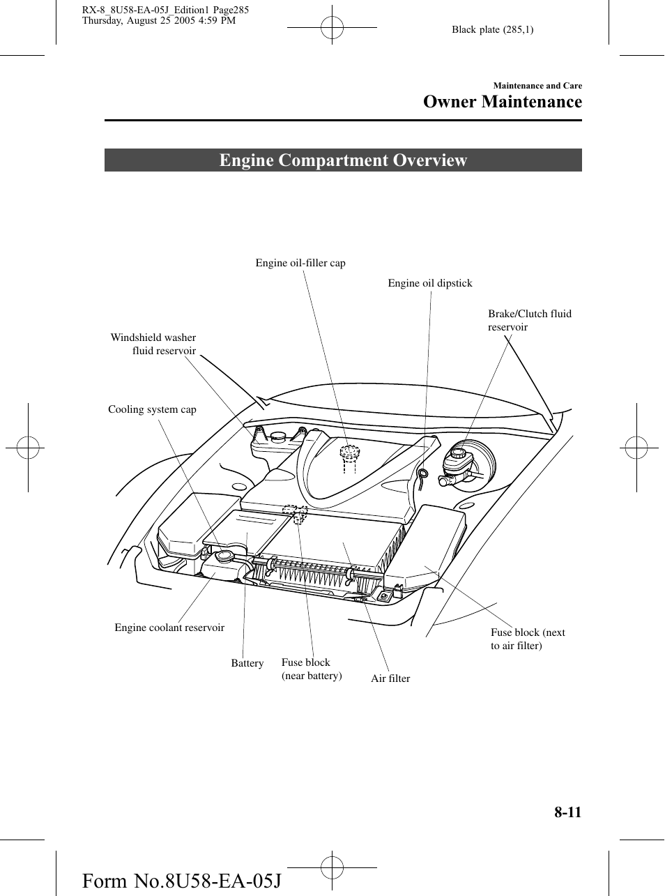 Engine compartment overview, Engine compartment overview -11, Owner maintenance | Mazda 2006 RX-8 User Manual | Page 285 / 434