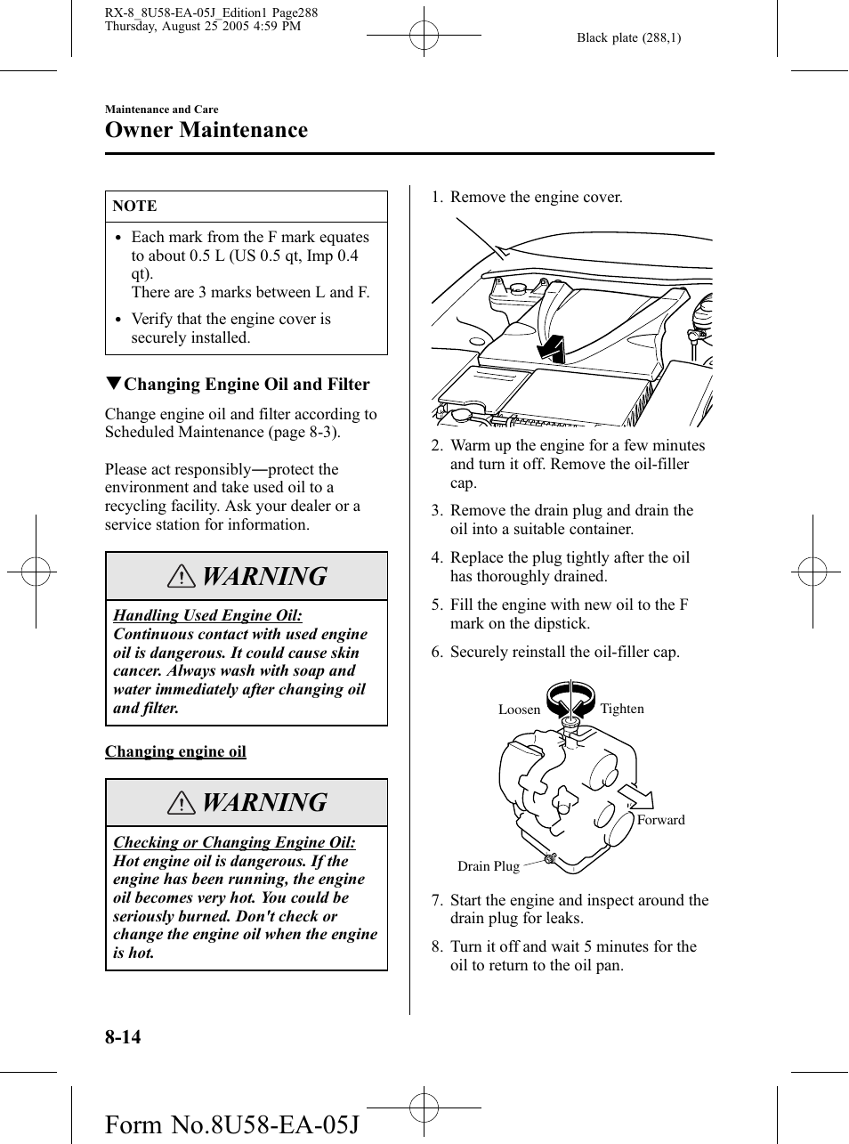 Warning, Owner maintenance | Mazda 2006 RX-8 User Manual | Page 288 / 434