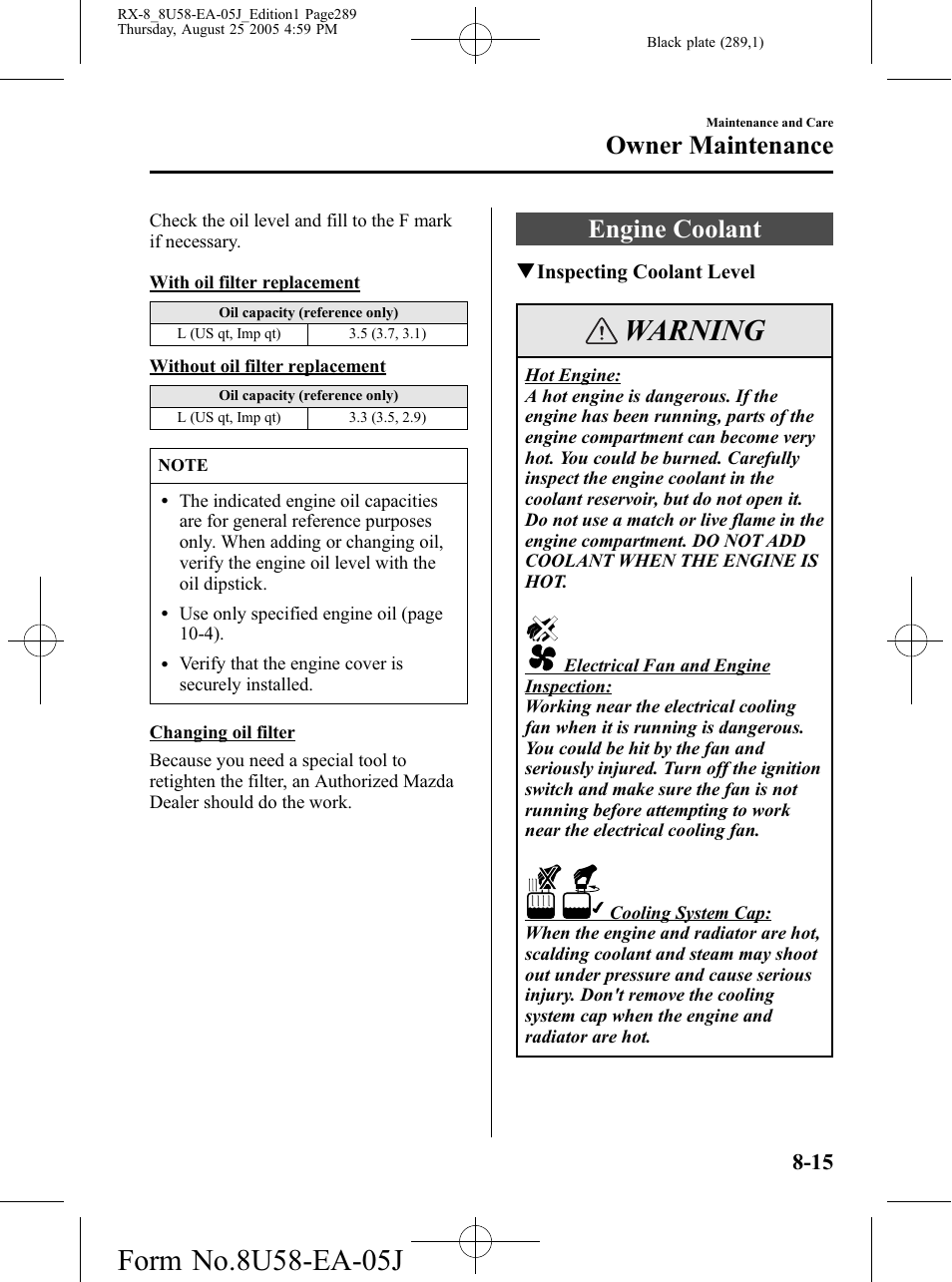 Engine coolant, Engine coolant -15, Warning | Owner maintenance | Mazda 2006 RX-8 User Manual | Page 289 / 434