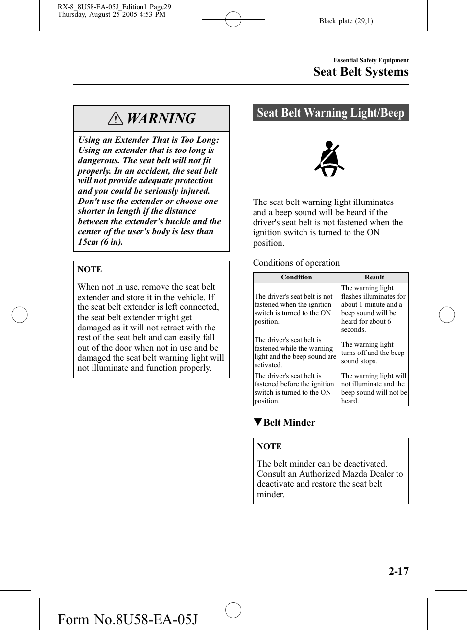 Seat belt warning light/beep, Seat belt warning light/beep -17, Warning | Seat belt systems | Mazda 2006 RX-8 User Manual | Page 29 / 434