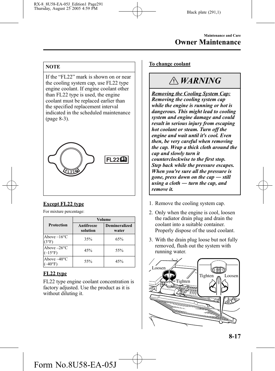 Warning, Owner maintenance | Mazda 2006 RX-8 User Manual | Page 291 / 434