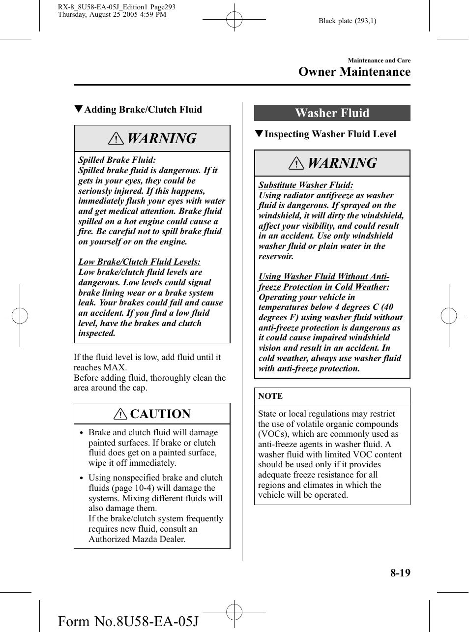 Washer fluid, Washer fluid -19, Warning | Caution, Owner maintenance | Mazda 2006 RX-8 User Manual | Page 293 / 434