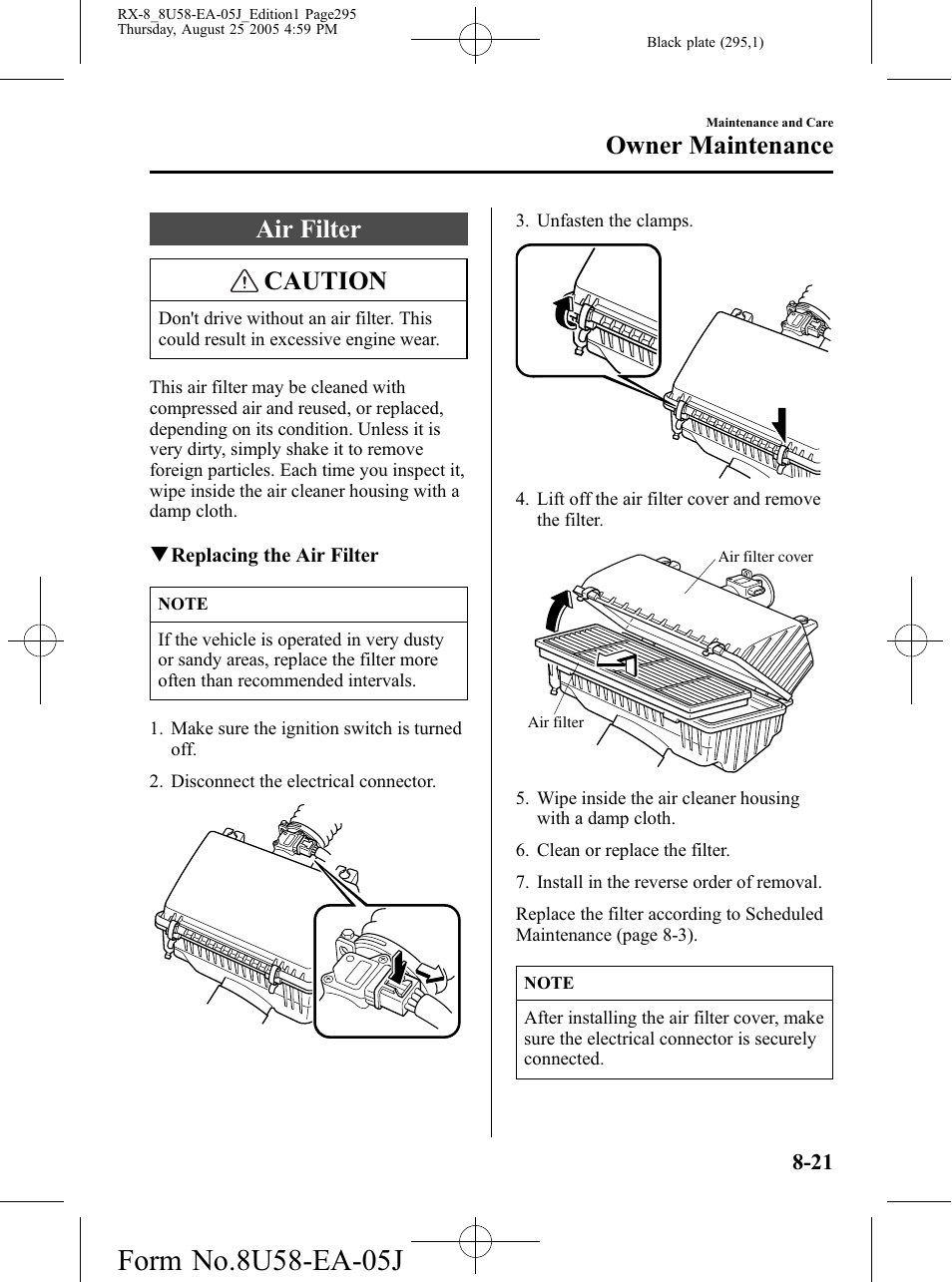 Air filter, Air filter -21, Air filter caution | Owner maintenance | Mazda 2006 RX-8 User Manual | Page 295 / 434