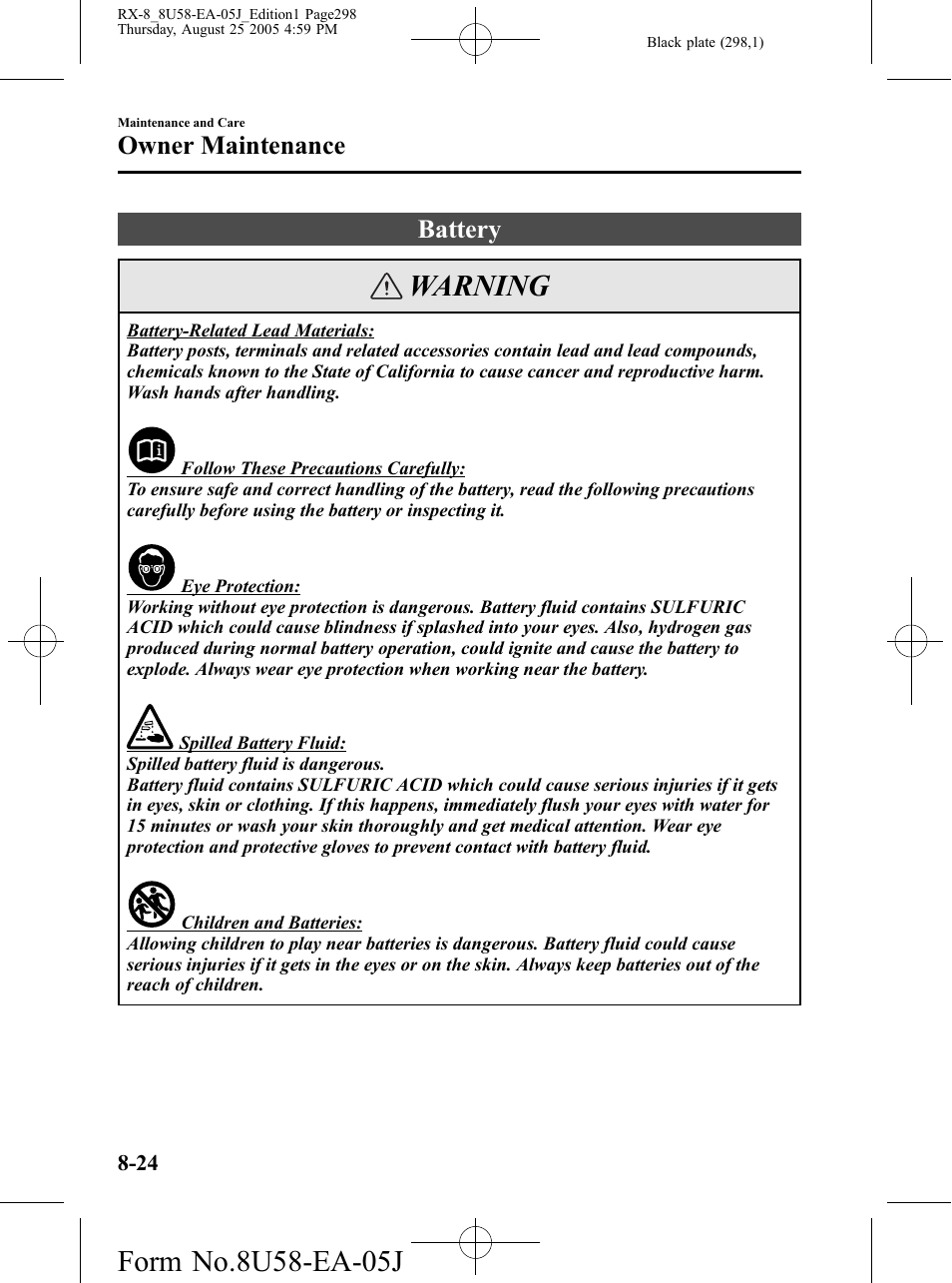 Battery, Battery -24, Warning | Owner maintenance | Mazda 2006 RX-8 User Manual | Page 298 / 434