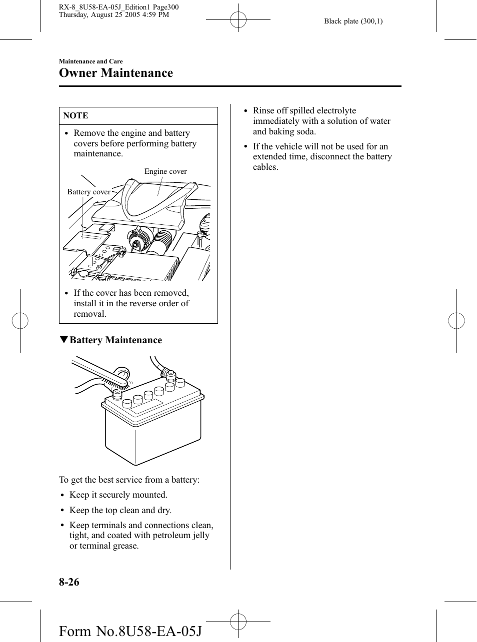 Owner maintenance, Qbattery maintenance | Mazda 2006 RX-8 User Manual | Page 300 / 434