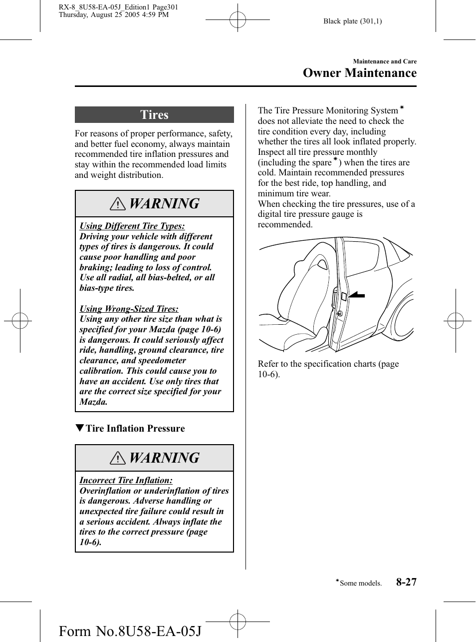 Tires, Tires -27, Warning | Owner maintenance | Mazda 2006 RX-8 User Manual | Page 301 / 434