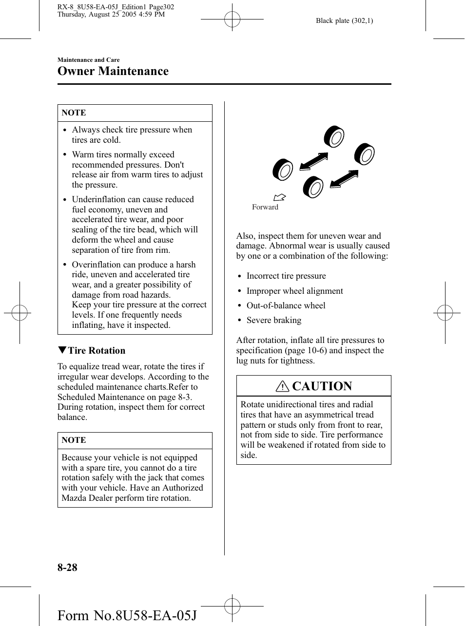 Caution, Owner maintenance, Qtire rotation | Mazda 2006 RX-8 User Manual | Page 302 / 434