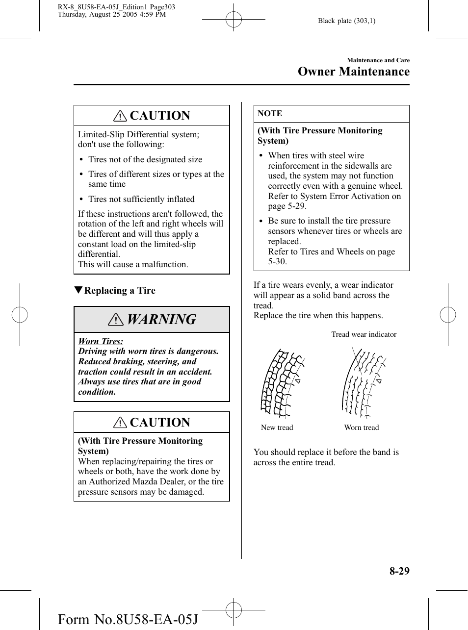 Warning, Caution, Owner maintenance | Mazda 2006 RX-8 User Manual | Page 303 / 434