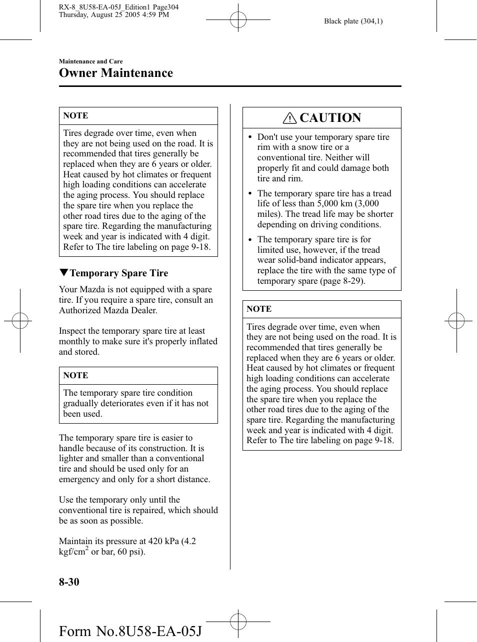 Caution, Owner maintenance | Mazda 2006 RX-8 User Manual | Page 304 / 434