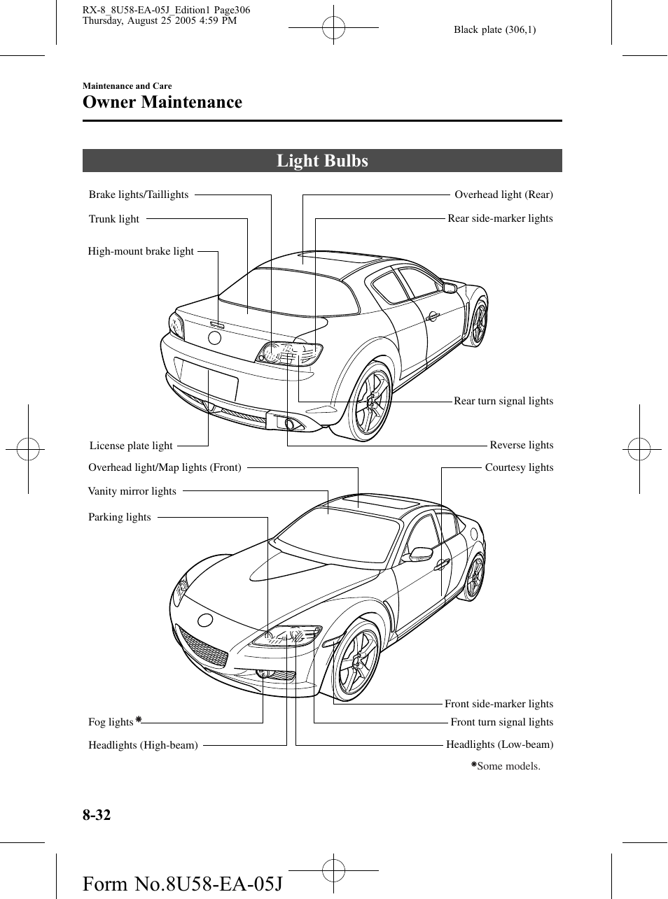 Light bulbs, Light bulbs -32, Owner maintenance | Mazda 2006 RX-8 User Manual | Page 306 / 434