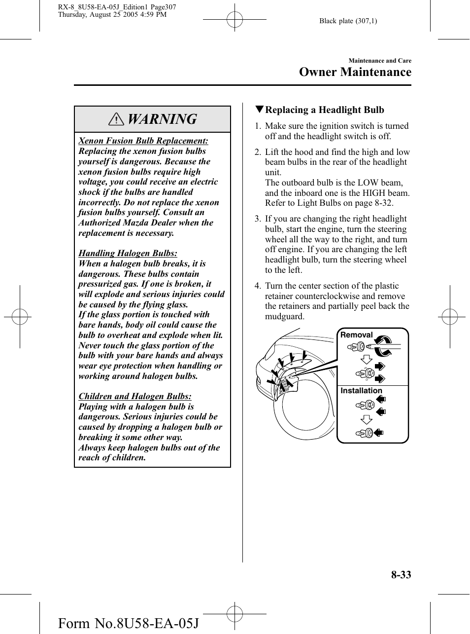 Warning, Owner maintenance | Mazda 2006 RX-8 User Manual | Page 307 / 434