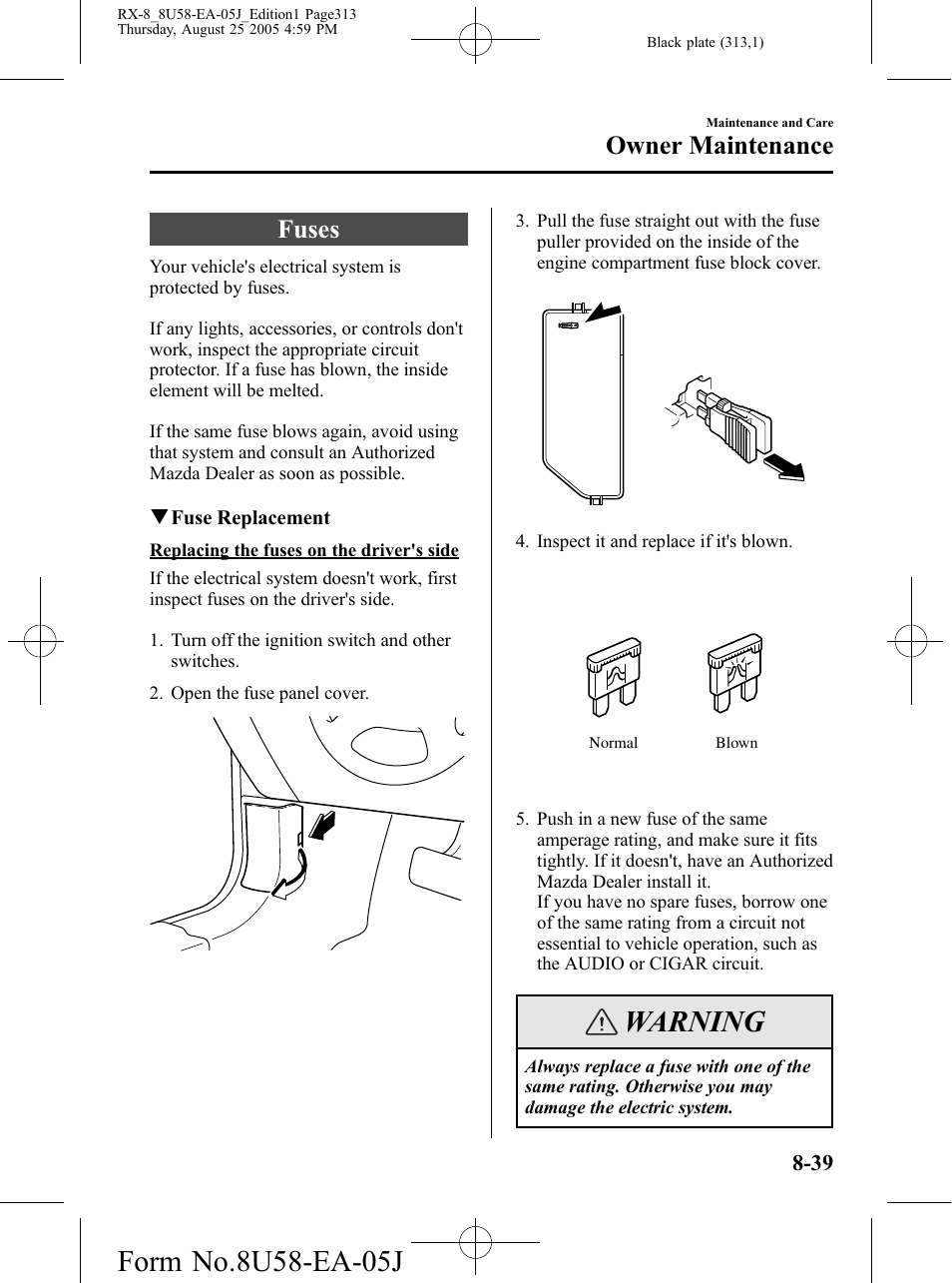 Fuses, Fuses -39, Warning | Owner maintenance | Mazda 2006 RX-8 User Manual | Page 313 / 434