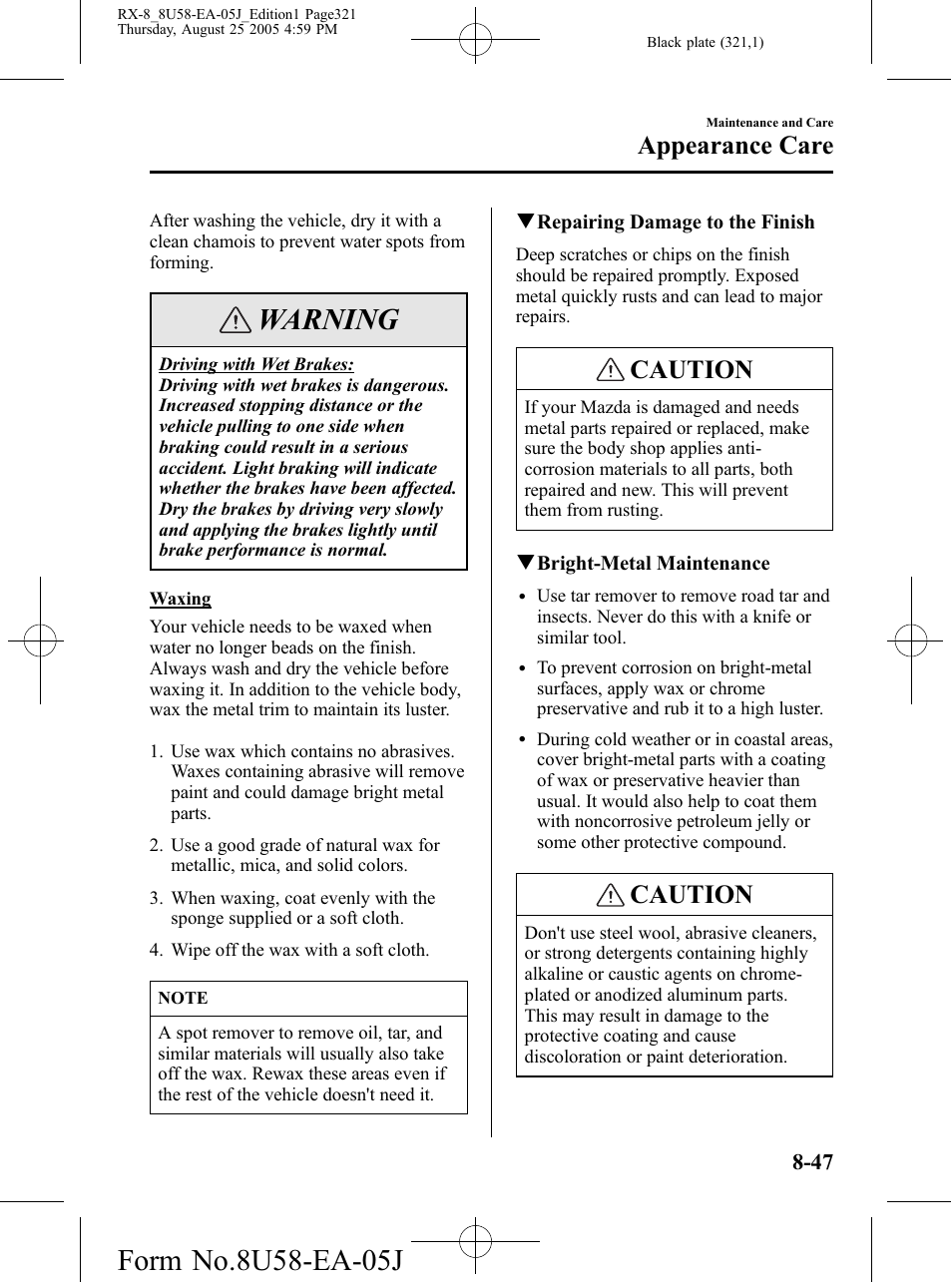 Warning, Caution, Appearance care | Mazda 2006 RX-8 User Manual | Page 321 / 434