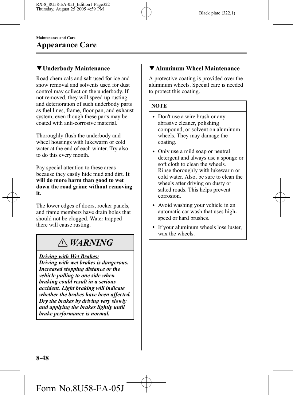 Warning, Appearance care | Mazda 2006 RX-8 User Manual | Page 322 / 434