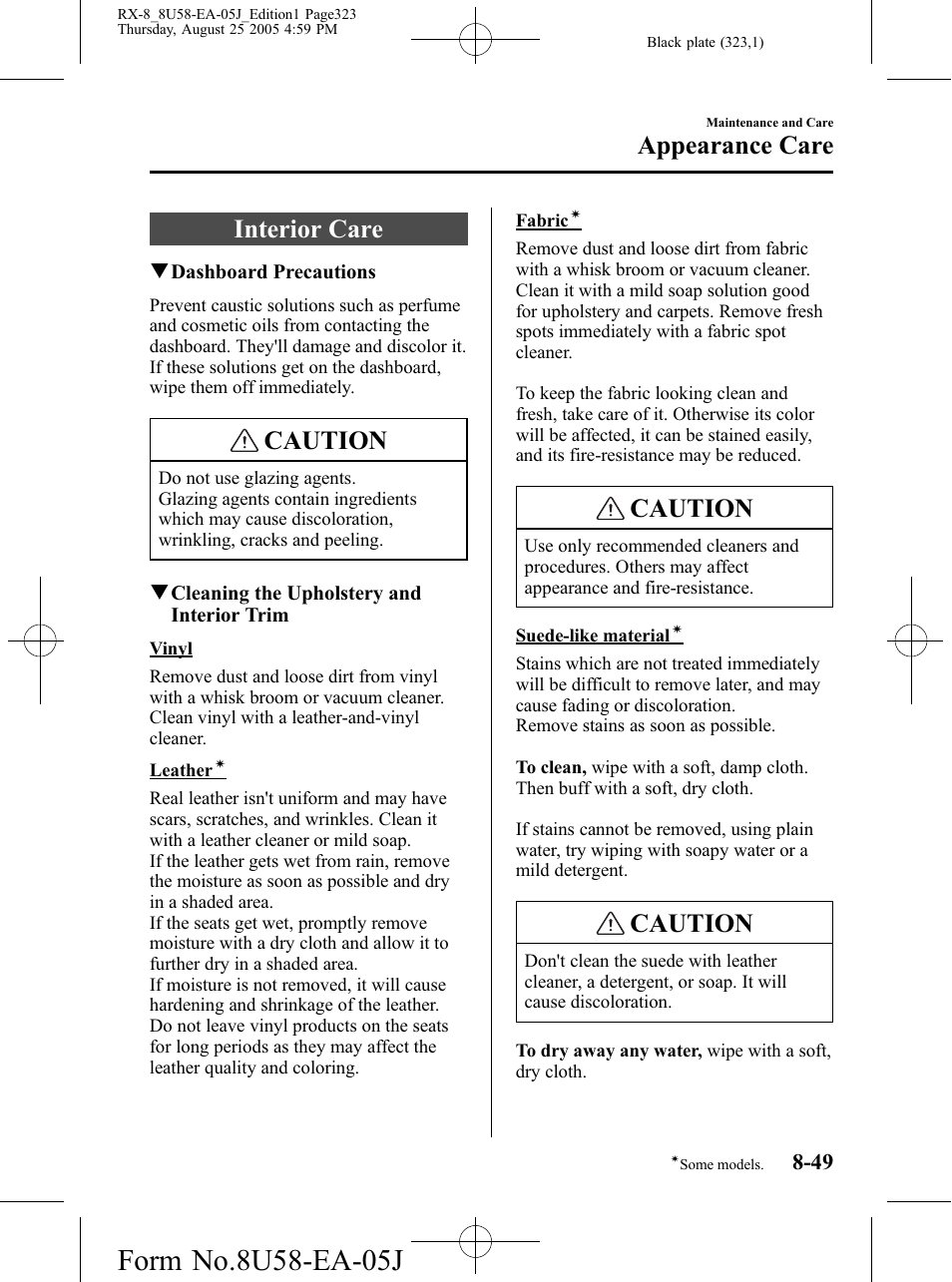 Interior care, Interior care -49, Caution | Appearance care | Mazda 2006 RX-8 User Manual | Page 323 / 434