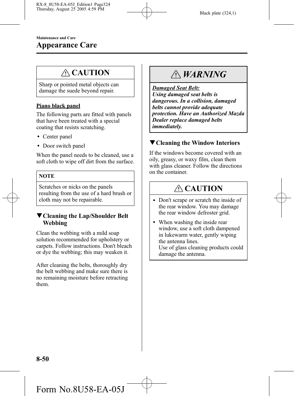 Warning, Caution, Appearance care | Mazda 2006 RX-8 User Manual | Page 324 / 434