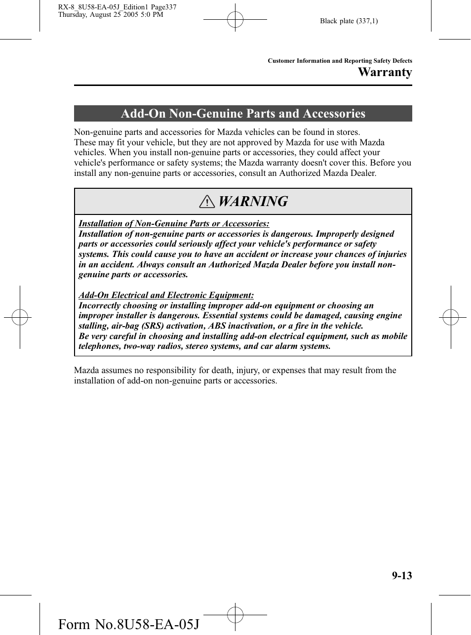 Add-on non-genuine parts and accessories, Add-on non-genuine parts and accessories -13, Warning | Warranty | Mazda 2006 RX-8 User Manual | Page 337 / 434