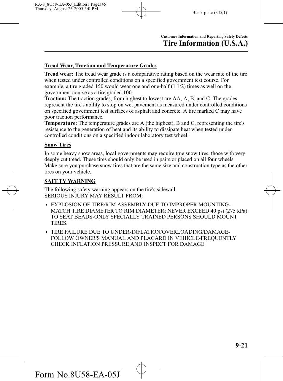 Tire information (u.s.a.) | Mazda 2006 RX-8 User Manual | Page 345 / 434