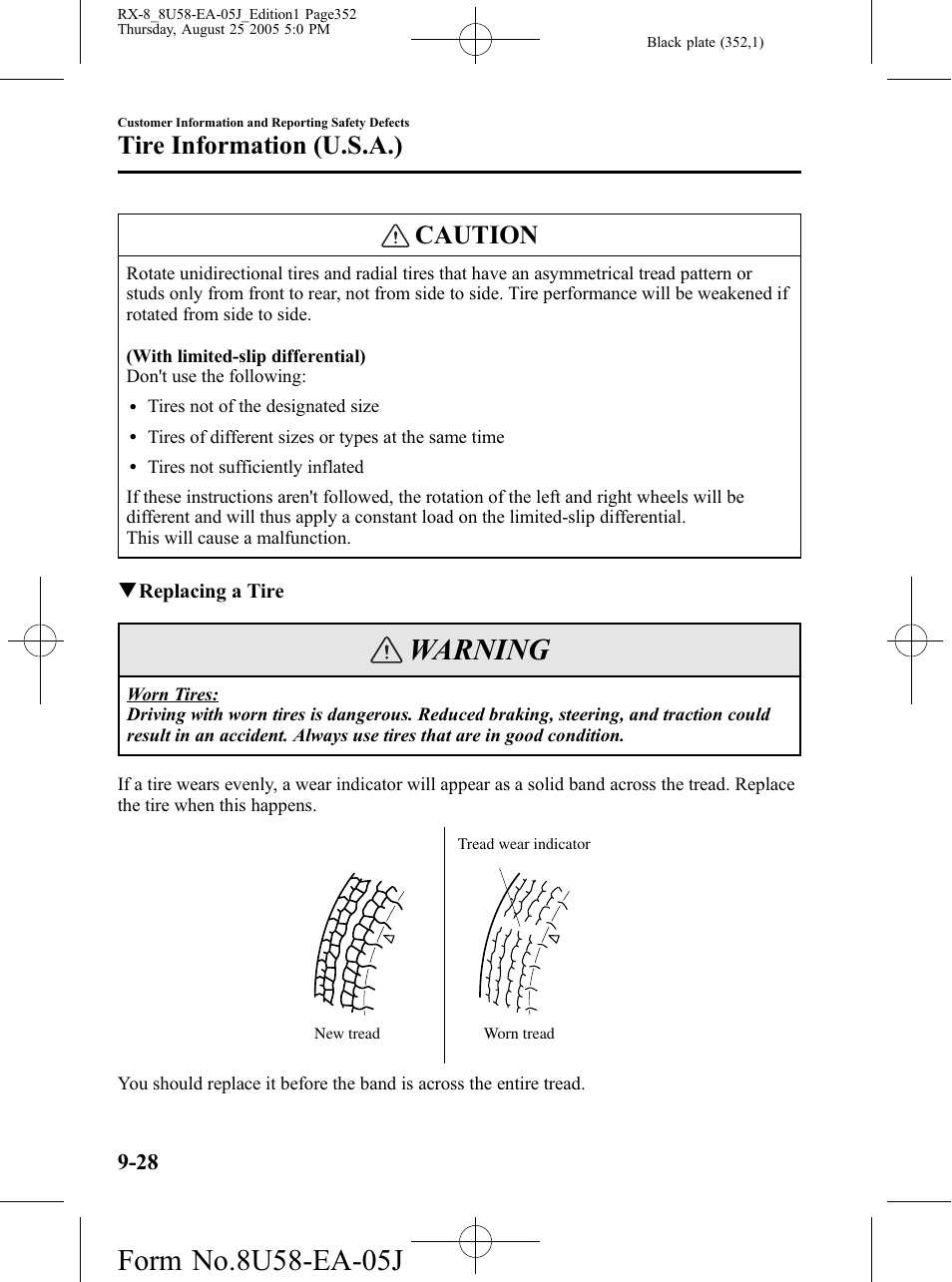 Warning, Caution, Tire information (u.s.a.) | Mazda 2006 RX-8 User Manual | Page 352 / 434