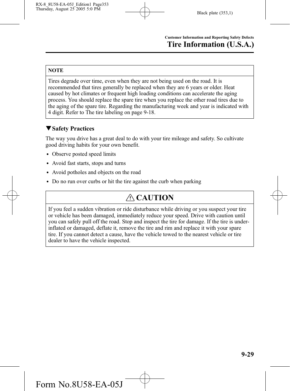 Caution, Tire information (u.s.a.) | Mazda 2006 RX-8 User Manual | Page 353 / 434