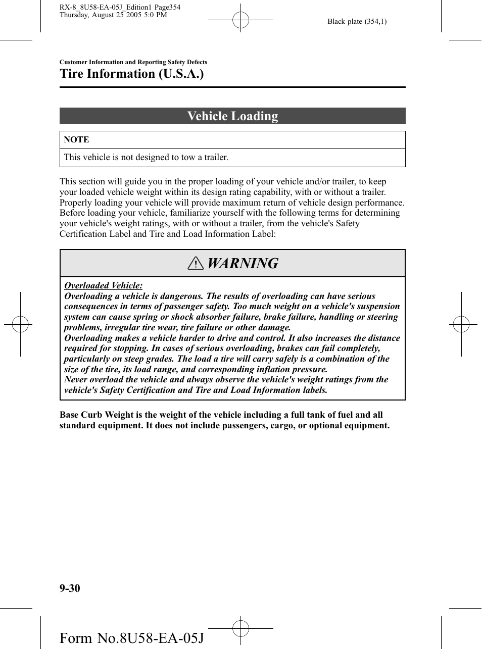 Vehicle loading, Vehicle loading -30, Warning | Tire information (u.s.a.) | Mazda 2006 RX-8 User Manual | Page 354 / 434