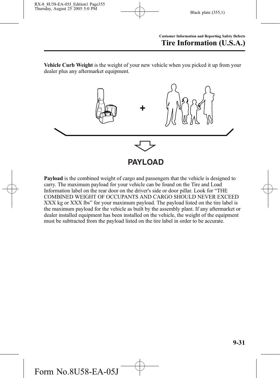 Payload, Tire information (u.s.a.) | Mazda 2006 RX-8 User Manual | Page 355 / 434