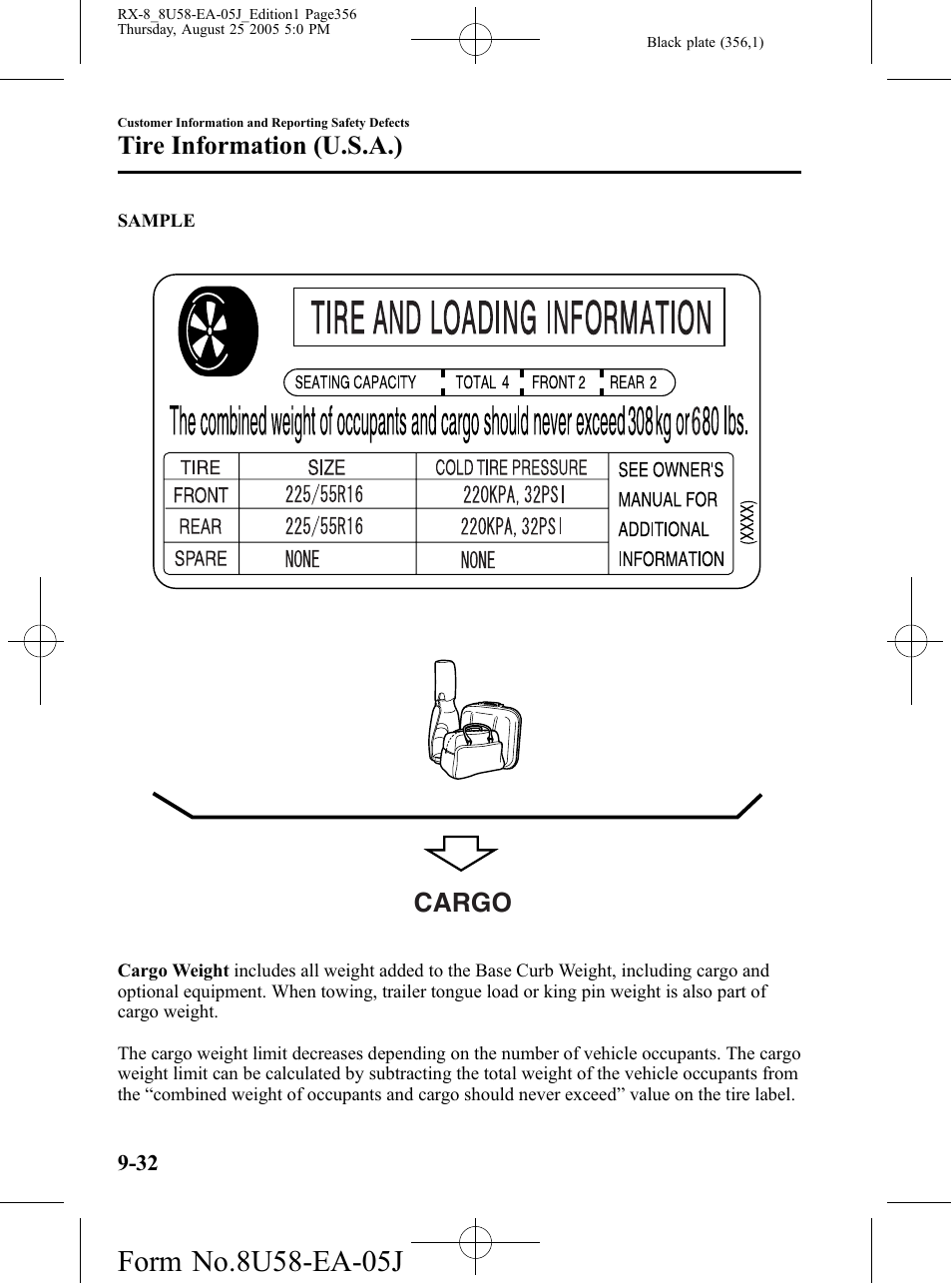 Cargo, Tire information (u.s.a.) | Mazda 2006 RX-8 User Manual | Page 356 / 434