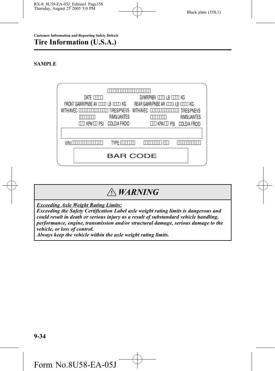 Warning, Tire information (u.s.a.) | Mazda 2006 RX-8 User Manual | Page 358 / 434