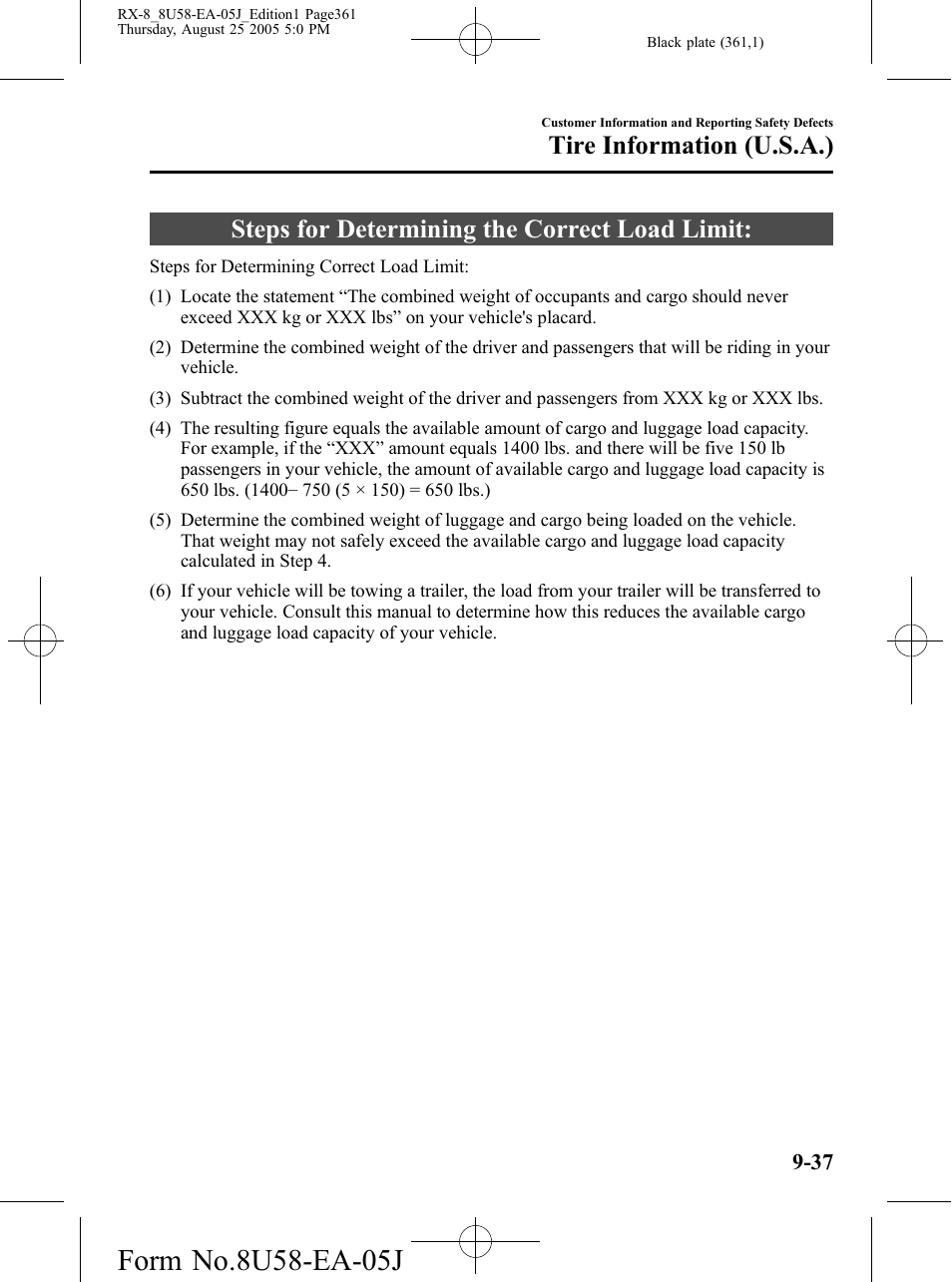 Steps for determining the correct load limit, Steps for determining the correct load limit: -37, Tire information (u.s.a.) | Mazda 2006 RX-8 User Manual | Page 361 / 434