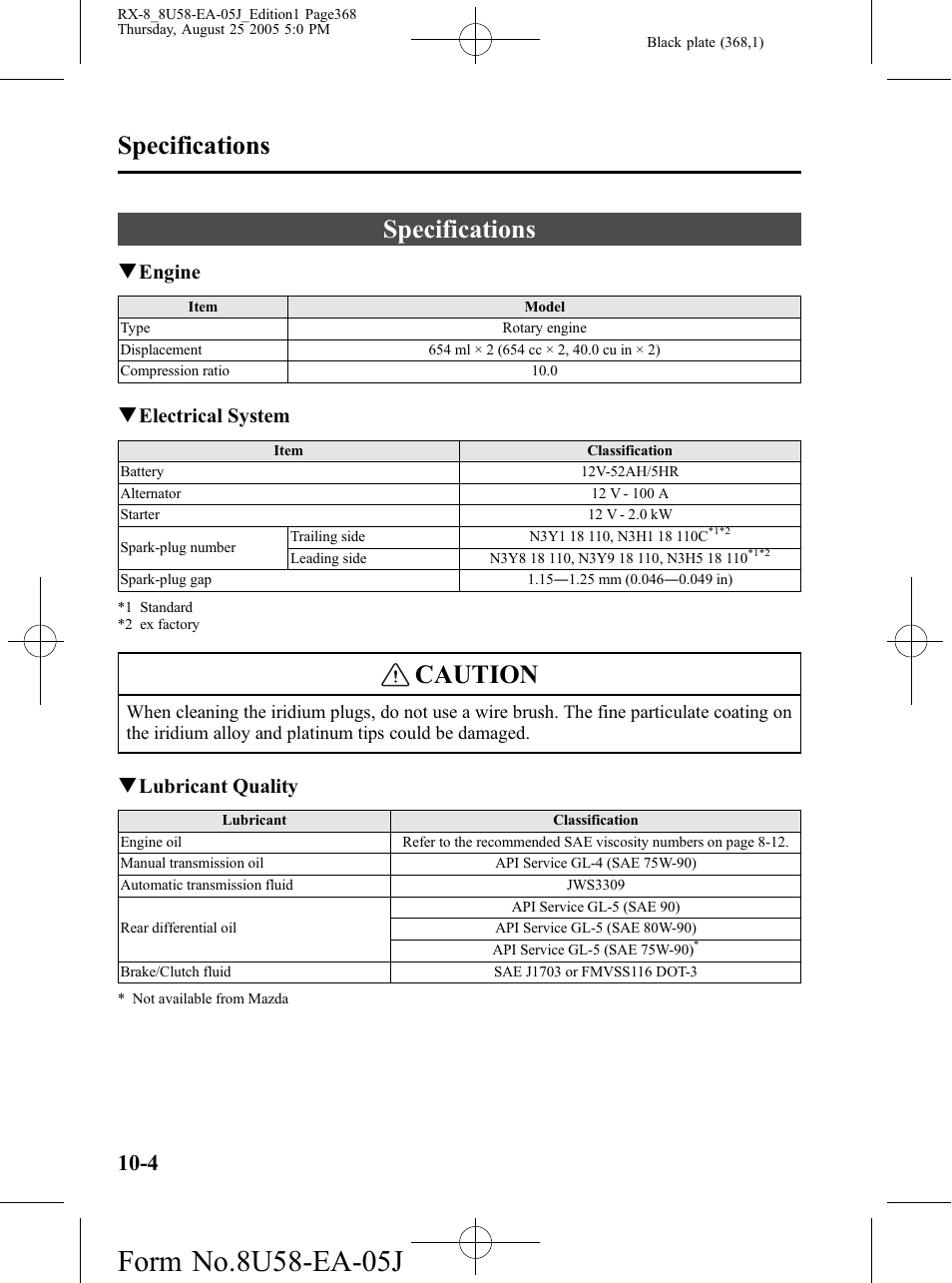 Specifications, Specifications -4, Caution | Qengine, Qelectrical system, Qlubricant quality | Mazda 2006 RX-8 User Manual | Page 368 / 434