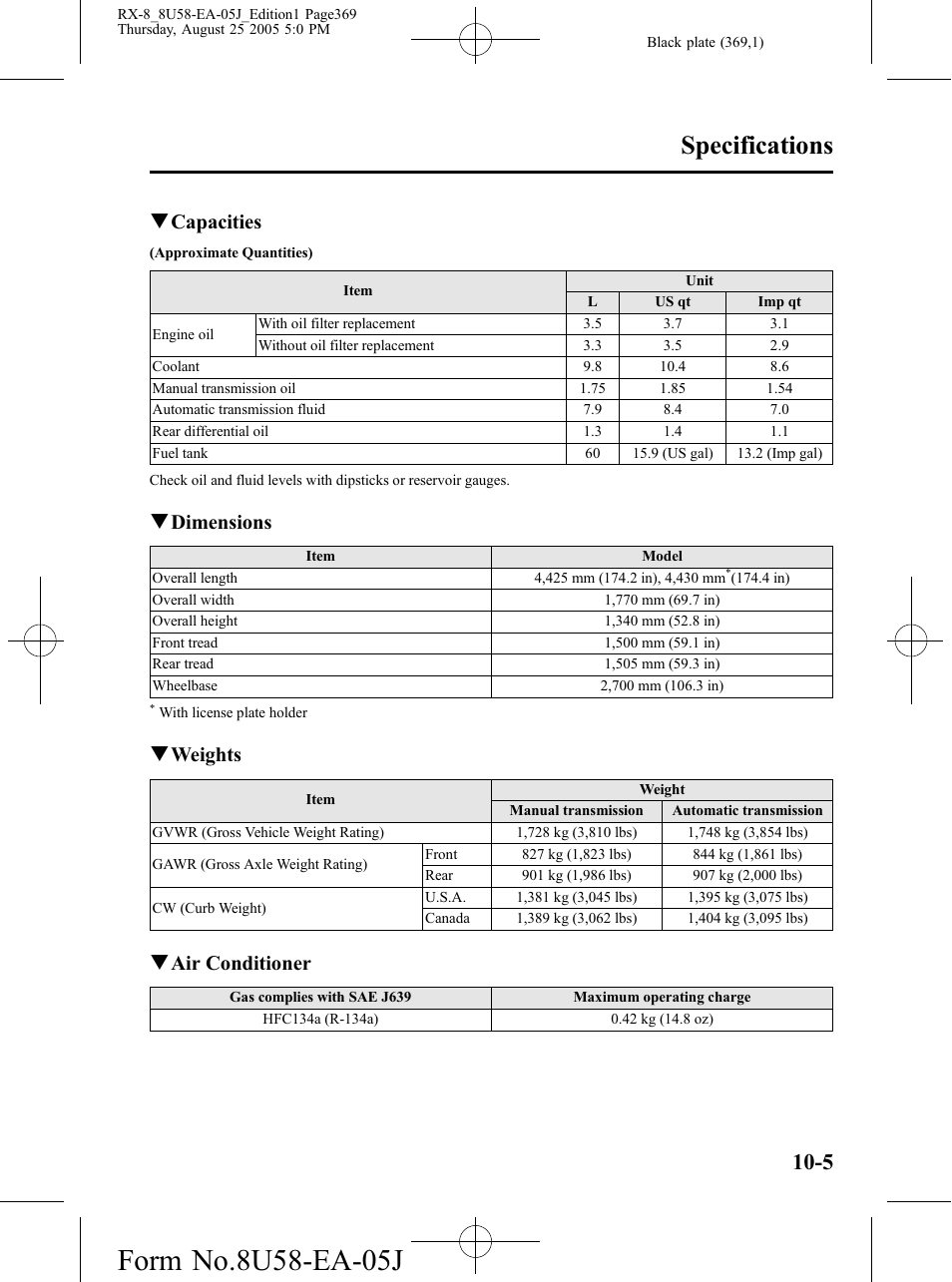 Specifications, Qcapacities, Qdimensions | Qweights, Qair conditioner | Mazda 2006 RX-8 User Manual | Page 369 / 434