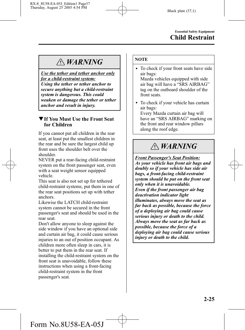 Warning, Child restraint | Mazda 2006 RX-8 User Manual | Page 37 / 434