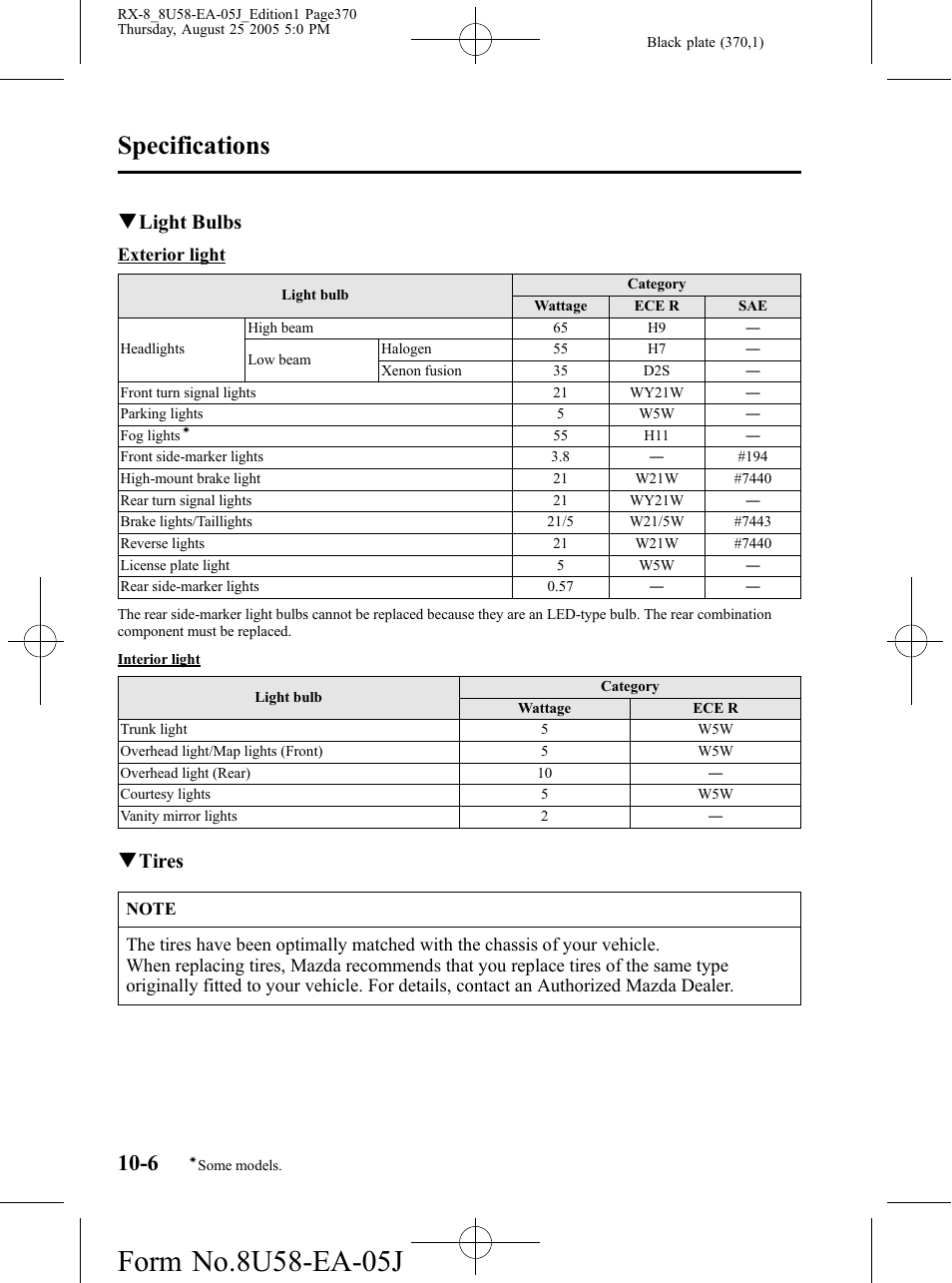 Specifications, Qlight bulbs, Qtires | Mazda 2006 RX-8 User Manual | Page 370 / 434